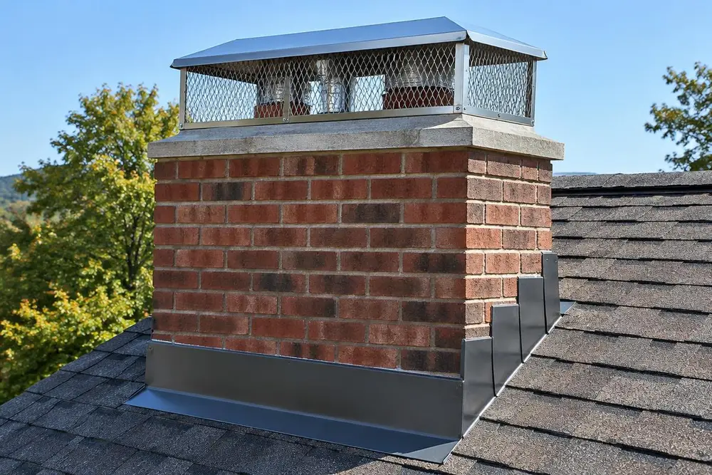Brick chimney with a stainless steel multi-flue cap and new metal step and counter flashing on a shingle roof