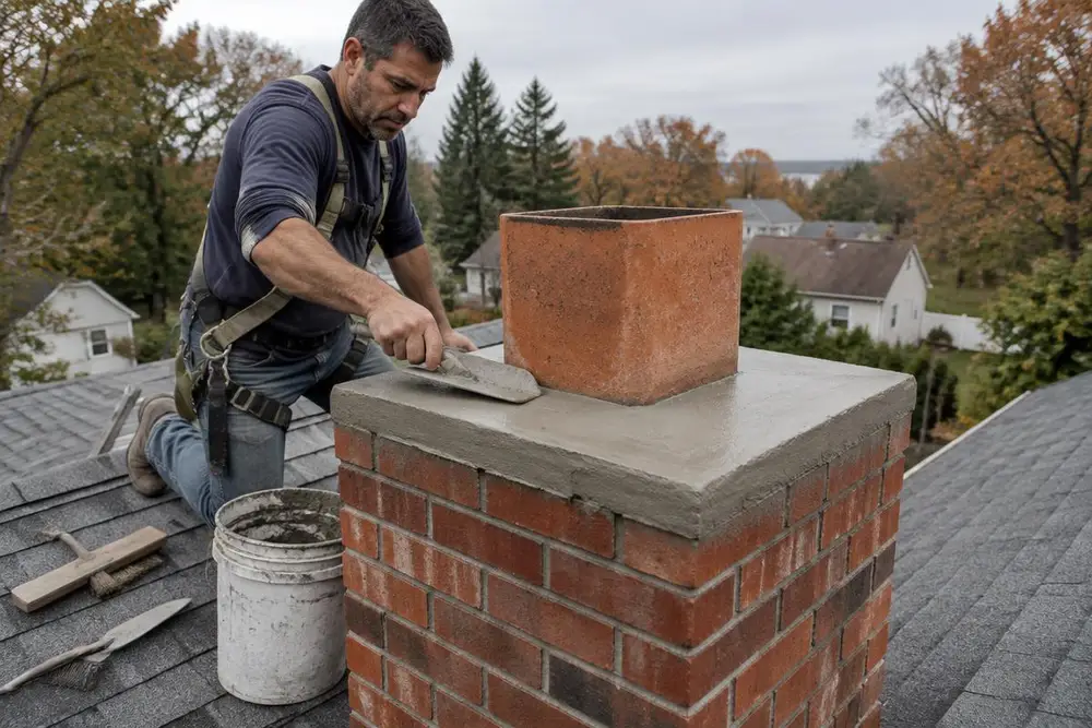 Worker troweling a new concrete crown around the flue tile on top of a brick chimney