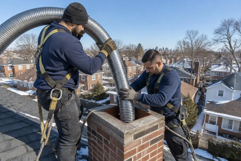 Two workers in harnesses feeding a stainless steel flexible liner into a brick chimney on a winter day