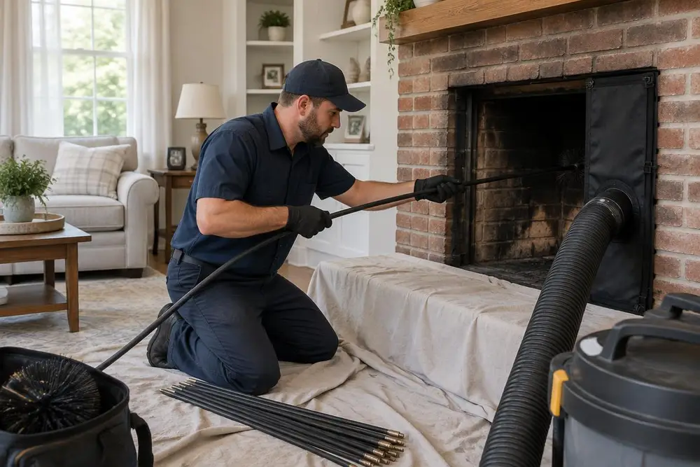 Technician feeding rotary sweep rods into a living-room brick fireplace with drop cloths and a dust vacuum in place