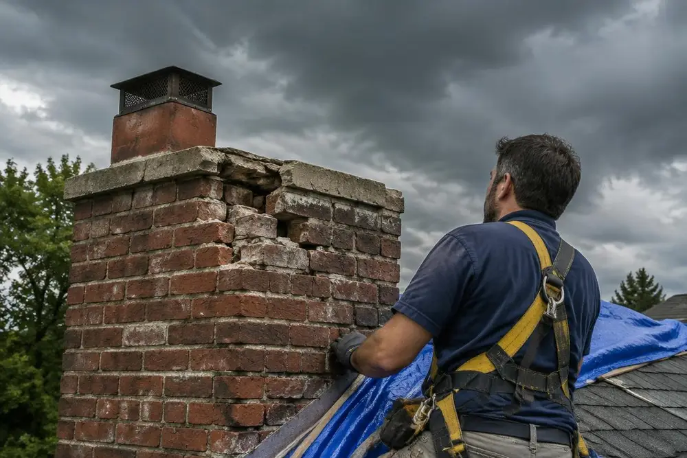 Worker in a harness assessing a storm-damaged brick chimney with loose bricks and a tarp on the roof