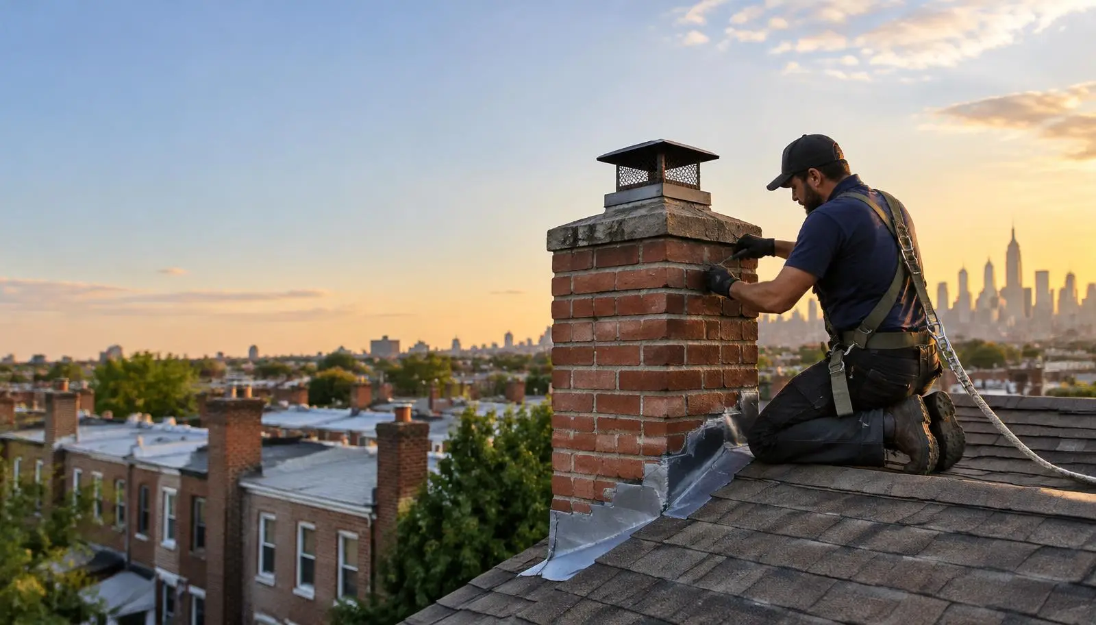 Chimney technician in a safety harness working on a red-brick chimney atop an attached brick home in Queens at sunset
