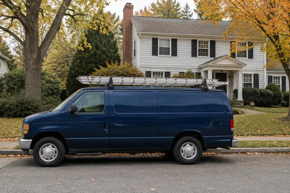 Plain navy service van with ladders on the roof rack parked in front of a colonial house with a brick chimney